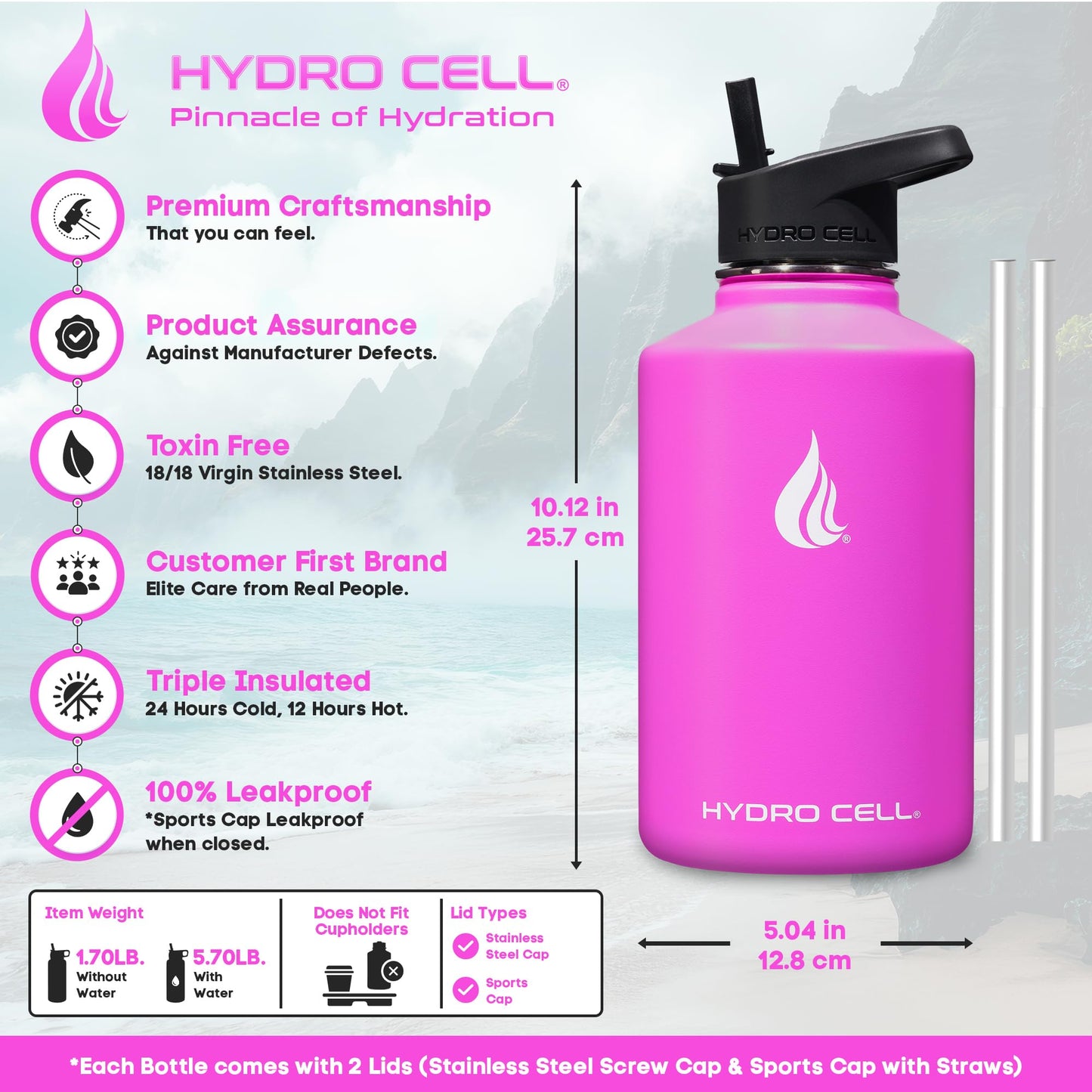 HYDRO CELL Stainless Steel Insulated Water Bottle with Straw - For Cold & Hot Drinks - Metal Vacuum Flask with Screw Cap and Modern Leakproof Sport Thermos for Adults (Fuchsia 64oz)