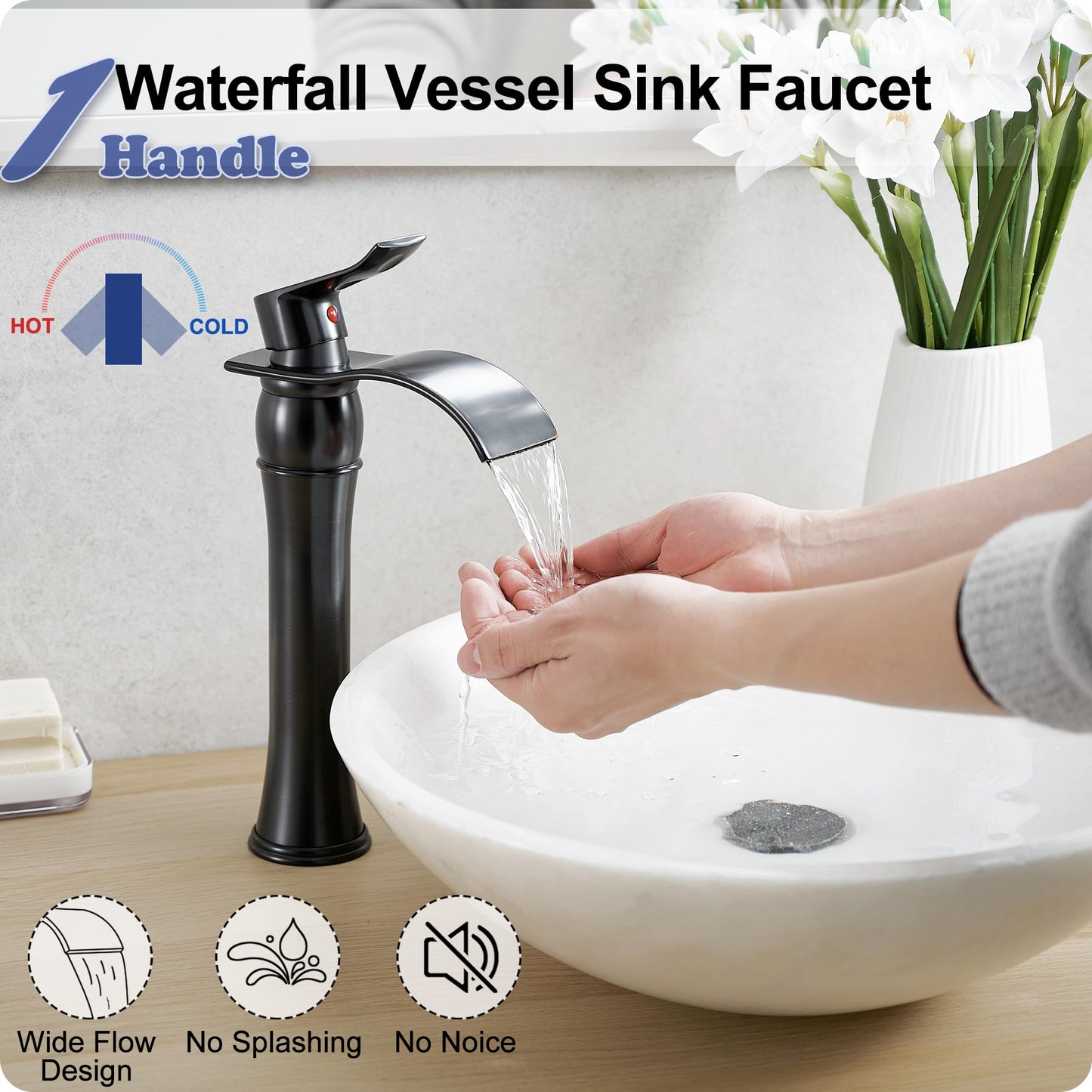 HOIGY Vessel Sink Faucet Oil Rubbed Bronze, Brass Tall Bathroom Faucet Waterfall 1 Hole, Bathroom Faucets Single Handle Bathroom Sink Faucet Bronze with Pop-Up Drain & Water Hoses for Farmhouse
