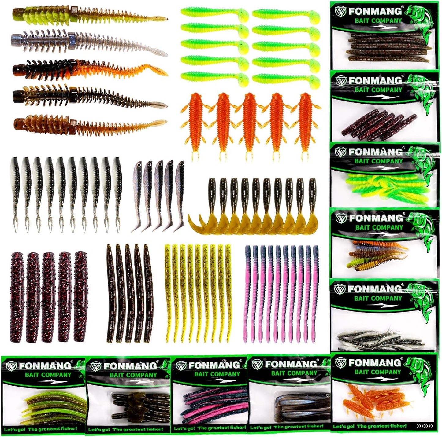 FONMANG 75Pcs Fishing Lures,Soft Plastic Bait Worms,Craws,Paddle Tail Swimbait,Grubs,jeakbait,Ned Rig Bait,Fishing Lure Kit for Bass, Trout, Walleye Freshwater & Saltwater