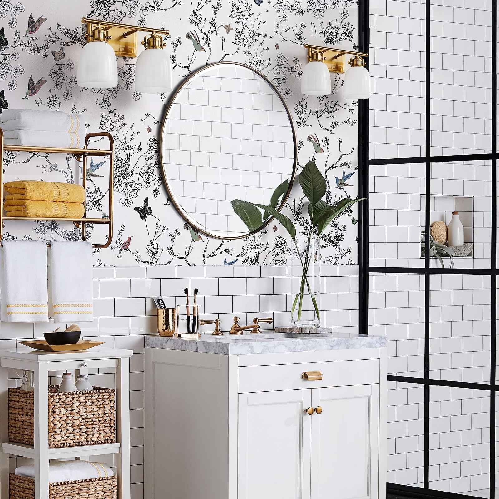 KAISITE Bathroom Vanity Light Fixture 2-Light Brushed Gold Vanity Light with Milky White Glass Shades Bathroom Lighting Fixture Over Mirror 14.2 Inch E26 Wall Sconce(Exclude Bulbs)