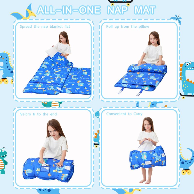 Toddler Nap Mat with Pillow and Blanket, Extra Large Rolled Napping Mats,Slumber Bags for Boys Girls,Kids Sleeping Bag for Daycare, 21" x 50" Preschool Travel Camping - Blue Dinosaurs