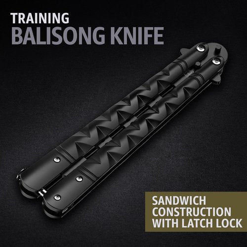 GOOD WORKER Butterfly Knife - Black Balisong Trainer with Sure Spring Latch | Full Stainless Steel Design