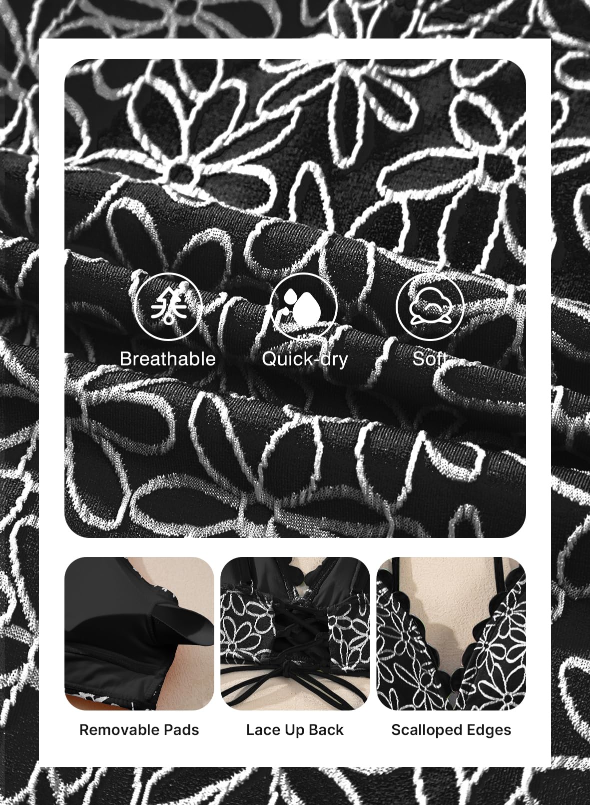 Herseas Women's Embroidered Flowers 2 Pieces Black Bikini Sets Scalloped V Neck Push Up Swim Suits 2026 High Waisted Lace Up Back Bathing Suits Sexy Cruise Essentials X-Large