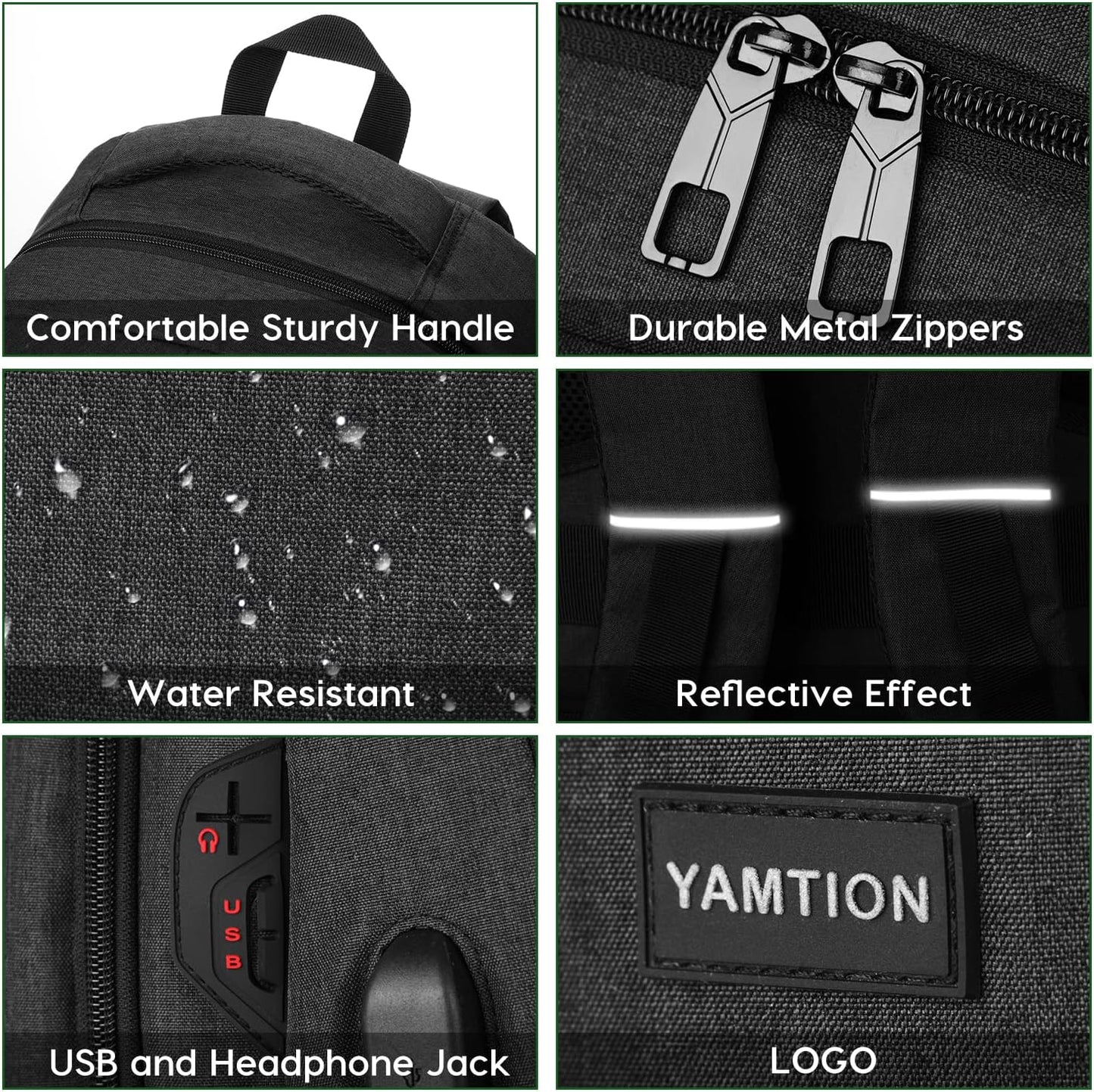 YAMTION Black Backpack - Versatile Laptop Bag with USB Port for School, Work & Travel