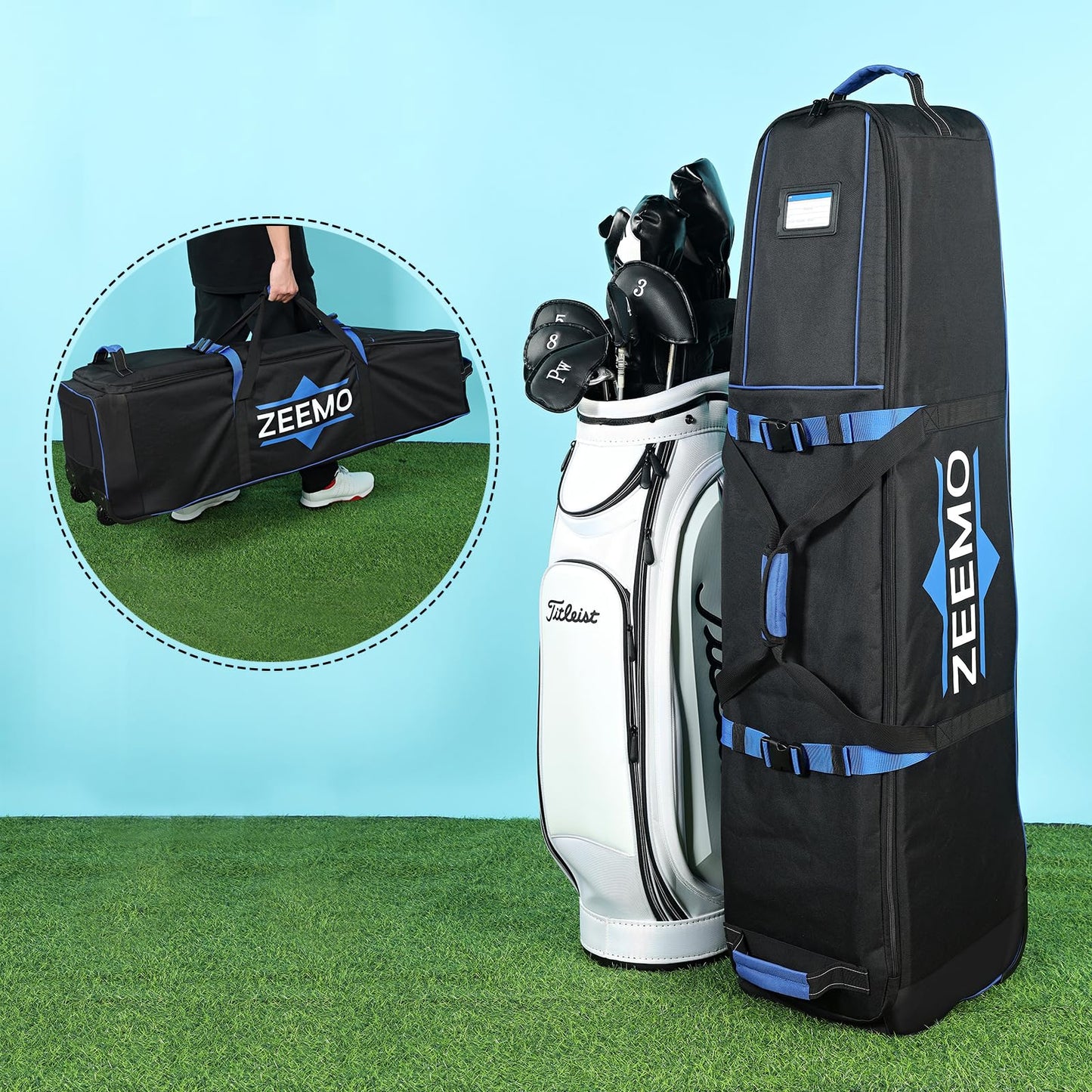 ZEEMO Golf Travel Bag, Full-Open Protective & Wheeled Airline-Approved Case for Clubs, Cart&StandBag, Soft-Sided Waterproof Cover Made of Heavy Duty Oxford, Black