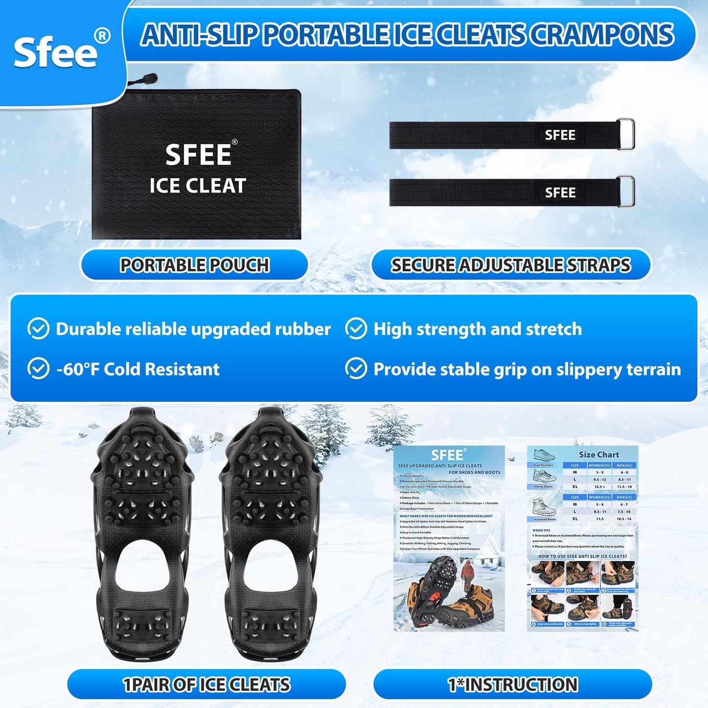 Sfee Crampons Ice Cleats for Shoes and Boots, 28 Snow Shoe Spikes Ultra-Grip Ice Cleats for Men & Women Non-Slip Snow Traction Ice Grippers for Shoes and Boots for Walking, Hiking, Climbing & Fishing