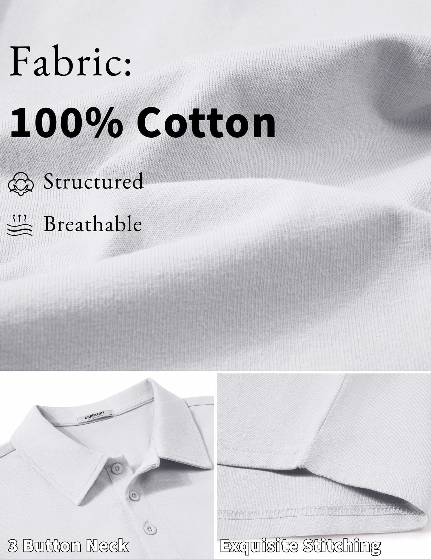 COOFANDY Mens Golf Shirts Short Sleeve Casual Work Polo Shirts 3 Button Shirts for Men White
