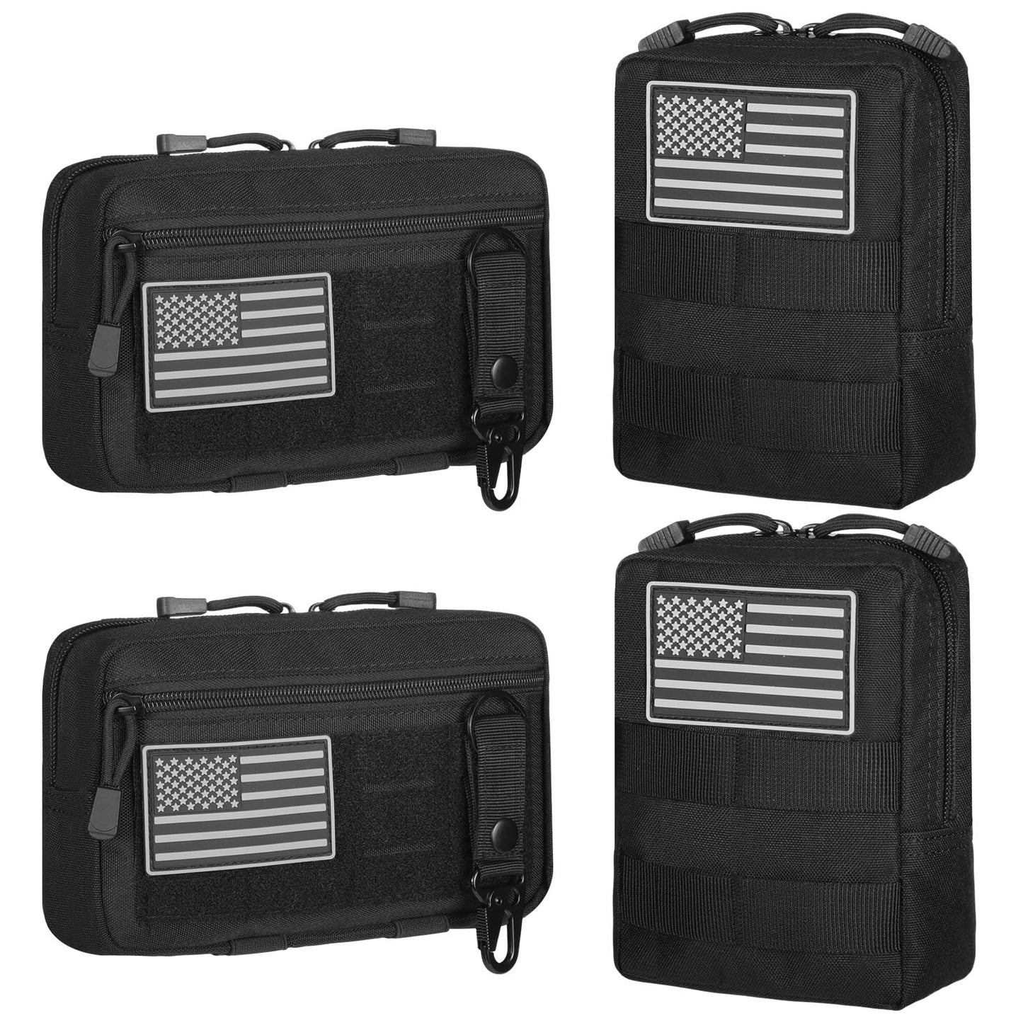 Sunnymove 4Pcs Tactical Molle Utility Pouch Molle Pouch EDC Tool Bags Tactical Compact Water-Resistant EDC Pouches for Man Include US Flag Patch and Keychain(Black)