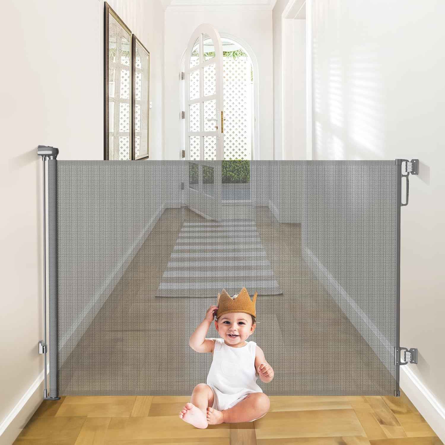 Extra Wide Retractable Baby Gate 55” x 38” | Child & Dog Safety Gate for Stairs, Doorways, Indoor/Outdoor - Gray