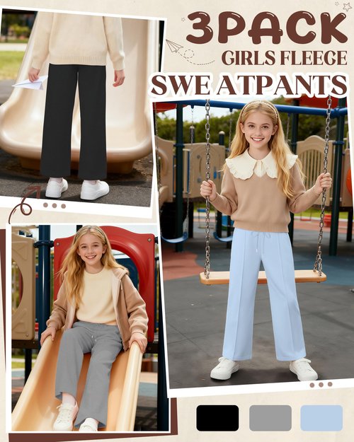 LessonZoo Girl's Fleece Lined Sweatpants, Wide Leg High Elastic Waist Jogger Straight Leg Baggy Drawstring Pants with Pockets(Blue, Gray, Black,9-10 Years)