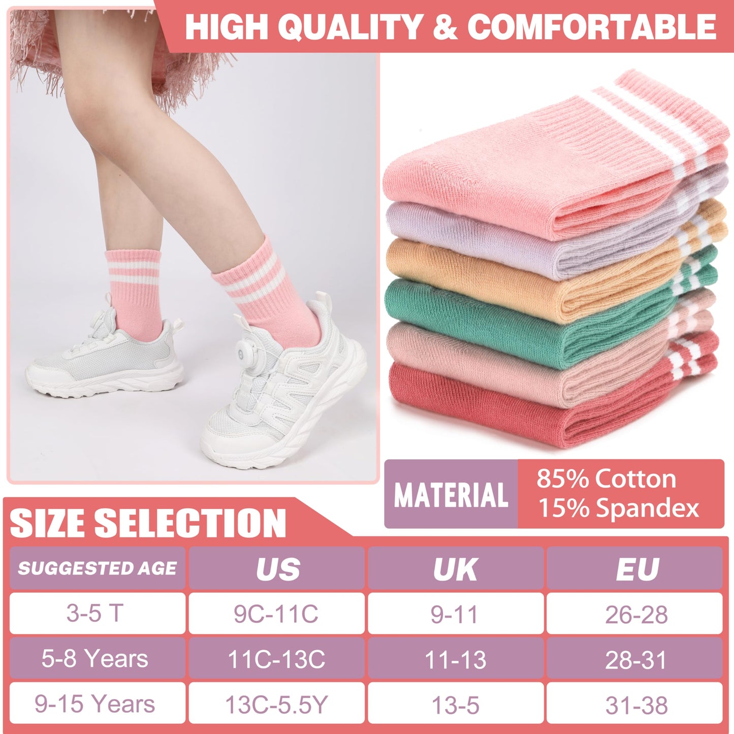SAVALOS Kids Girls Socks Athletic Basketball Sport Youth Crew Cotton Gift Socks 6 Pairs Stocking Stuffers(Assorted,5-8 Years)