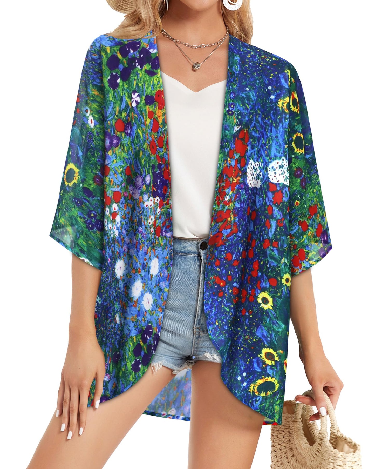 Summer Kimono Cardigan for Women Sheer Hawaii Tops Casual Open Front Swimwear Shirts Beach Cover ups (Green Daisy,L)