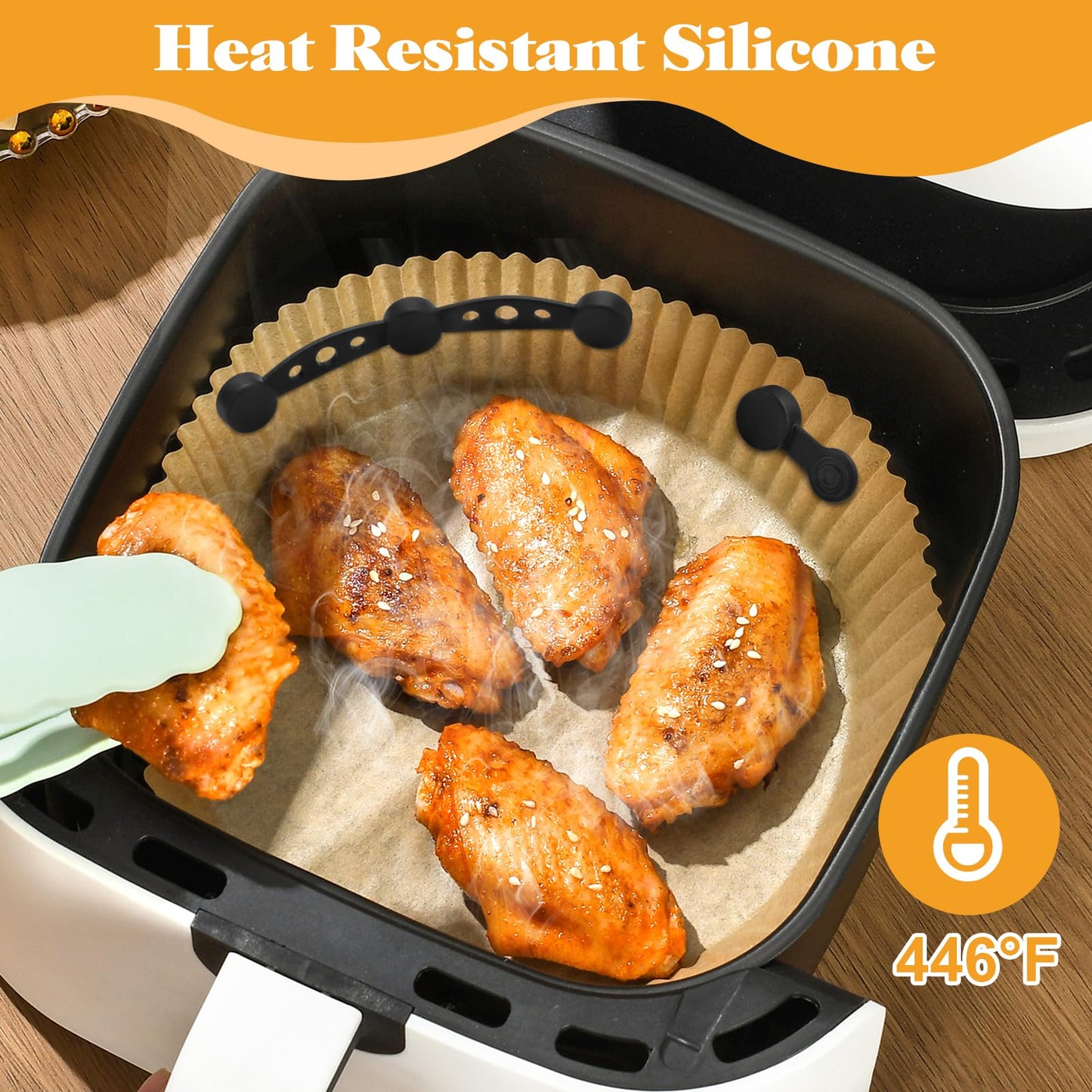 Air Fryer Magnet Silicone Buckles for Parchment Paper – 2 Pack Reusable Accessories for Disposable Basket Liners, Secure Baking Paper, Prevent Shifting & Burning (Black)