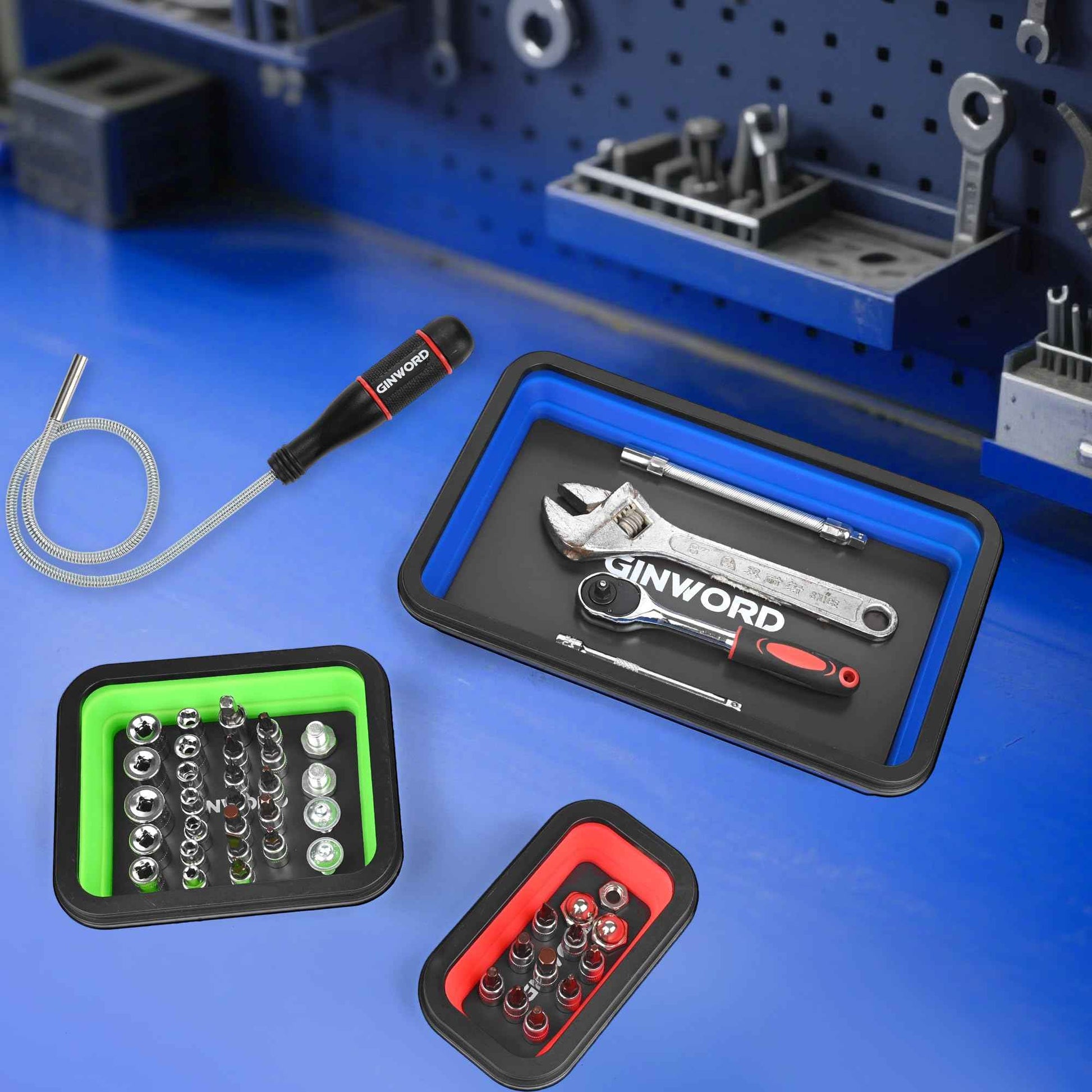GINWORD 3Pcs Foldable Magnetic Partsn Trays Set with 3LBS Magnetic Pick-up Tool, 3 Size Silicone Magnetic Tool for Organizing Screws, Bolts, Nuts, Washers, Pins, and Other Small Metal Parts