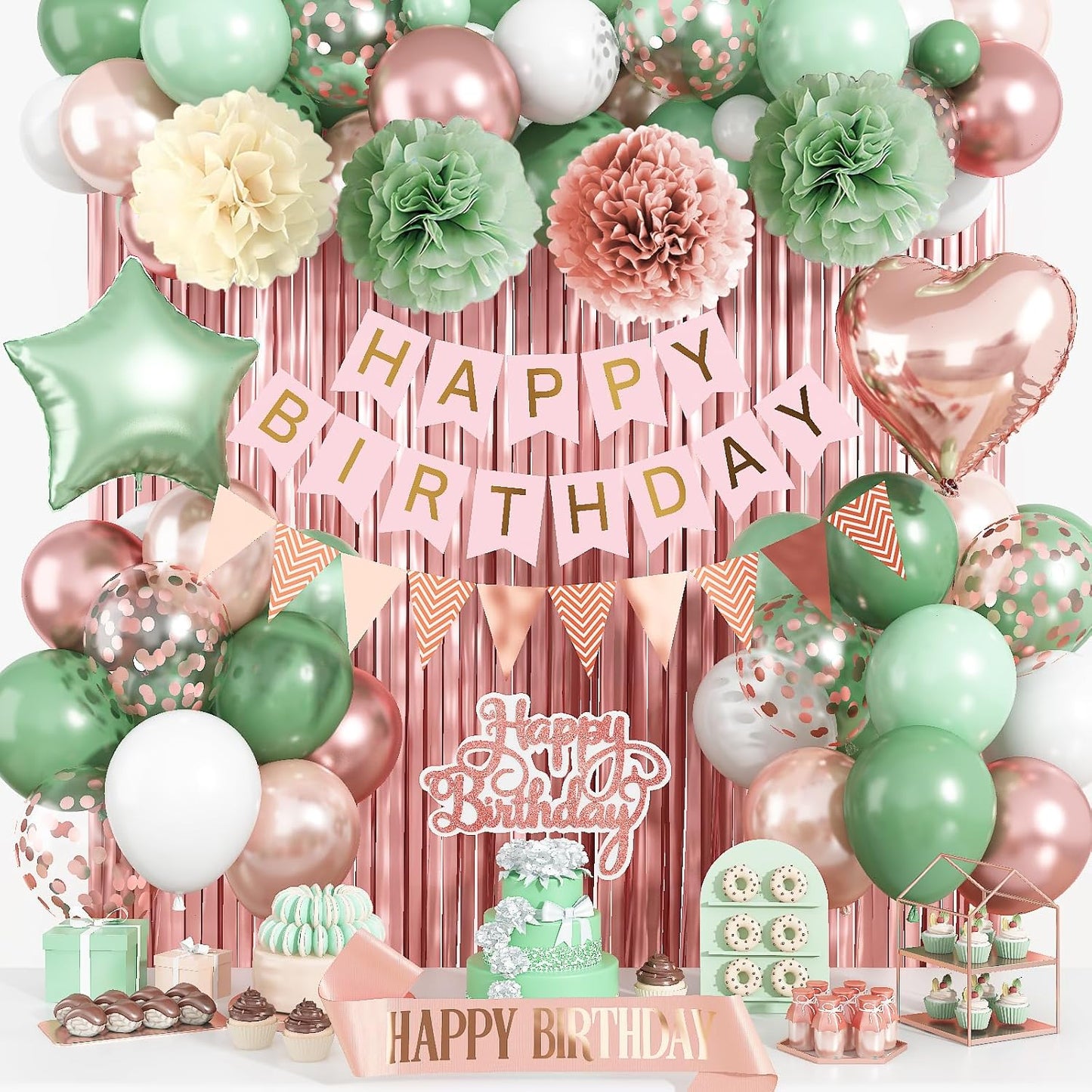 Regine Switzerland Birthday Decorations - Retro Rose Gold & Sage Green Party Décor | Foil Balloons, Happy Birthday Banner & Cake Topper