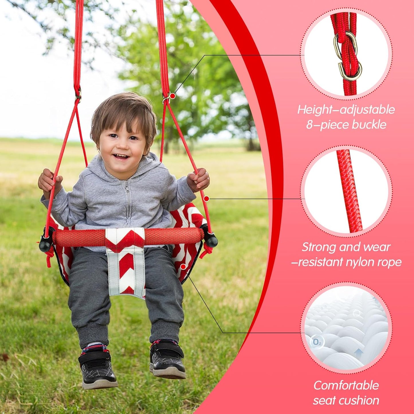 Skiennix Toddler Swing - Comfy Indoor/Outdoor Kids Swing Seat with Safety Harness & Quick Lock System (Red)