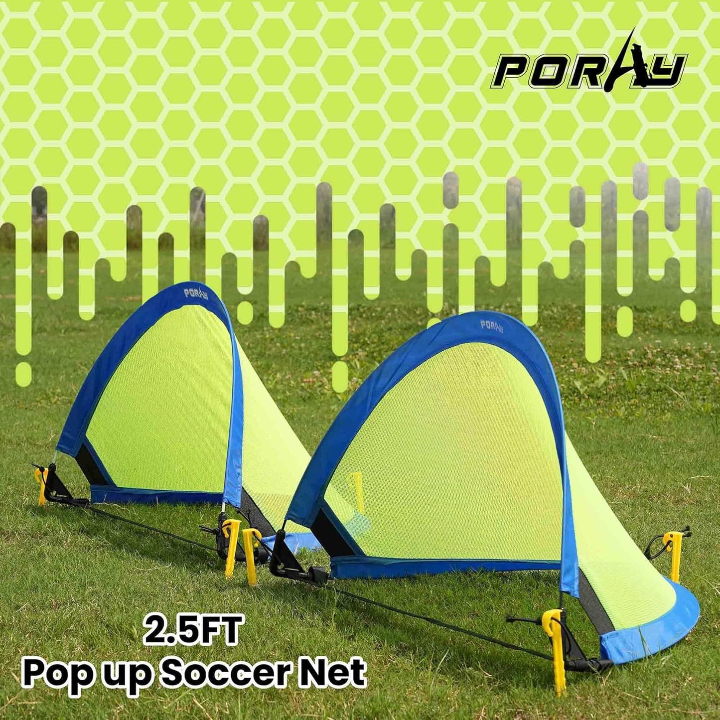 Poray Soccer Goal - Easy-Up Portable Soccer Net Set of 2 with 8 Field Marker Cones & Extra Stakes