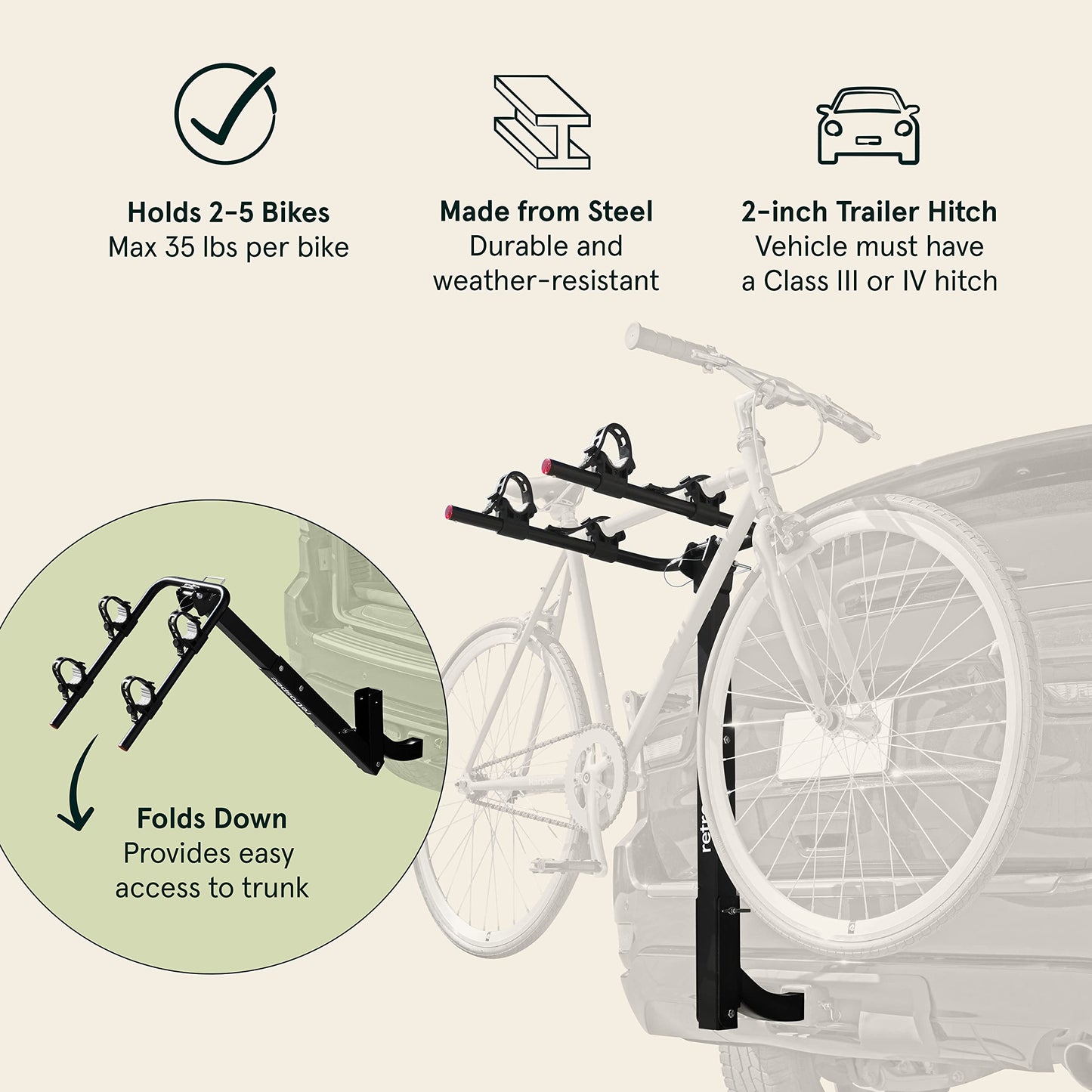 Retrospec Lenox 2-5 - Bike Hitch Rack for Cars, Trucks, SUVs with 2” Hitch | Foldable Steel Frame with Anti-Rattle Adapter, Tie Down Cradles and Straps - Fits Most Frames, Black