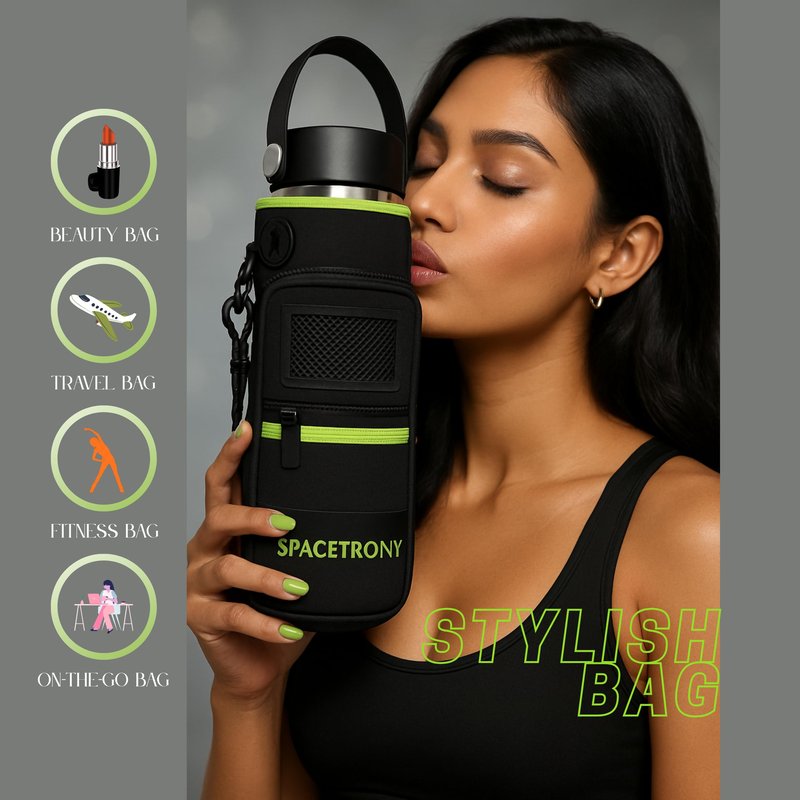 Neoprene Water Bottle Sleeve for 12/20/32 oz Bottles - Water Bottle Holder with Straps for Shoulder/Crossbody - Pockets for Phone, Keys & Cards – Sling Bag for Outdoor/Running/Hiking/Camping (Green)