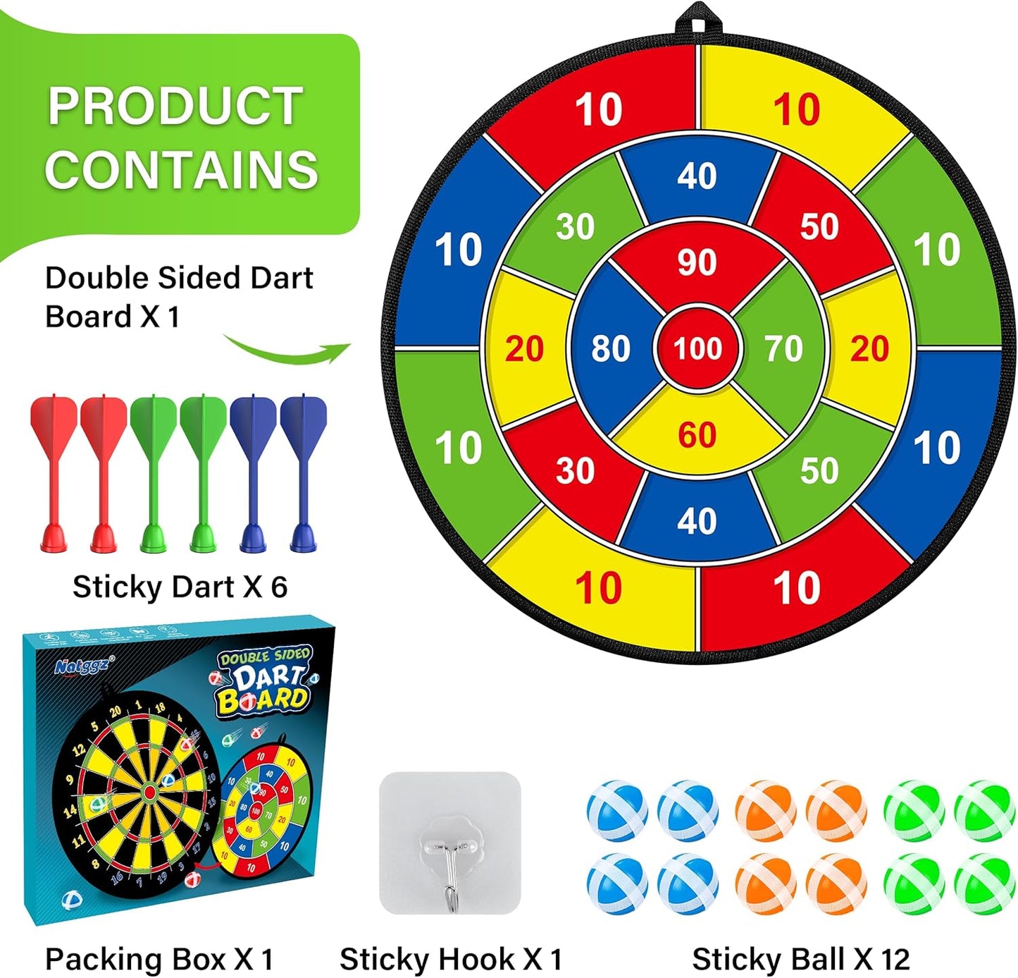 Skiennix Large Double-Sided Dart Board - Fun Indoor/Outdoor Game for Kids Ages 3-12 with Sticky Balls & Darts