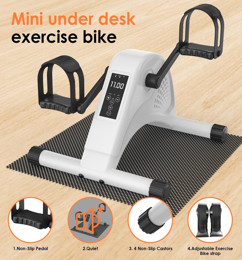 12-Levels Mini Exercise Bike Under Desk with LCD Display, Quiet Electric Bidirectional Bicycle Pedals for Home for Seniors, Stationary Bike Under Desk for Leg & Arm Physical Therapy Exerciser (White)