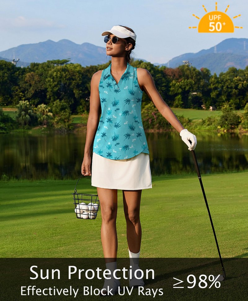 PINSPARK Ladies Golf Shirts UV Protection Athletic Shirt Sleeveless Tennis Tops Collared Pickleball T Shirts V Neck Exercise Tanks Activewear, Turquoise Coconut Tree Medium