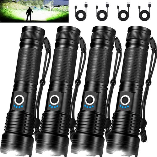 MIXILIN Rechargeable Flashlights High Lumens, 4 Pack 99,000 Lumens Super Bright Led Flashlight with USB Cable & 5 Modes, Handheld Flash Light Waterproof Flashlight for Home Camping
