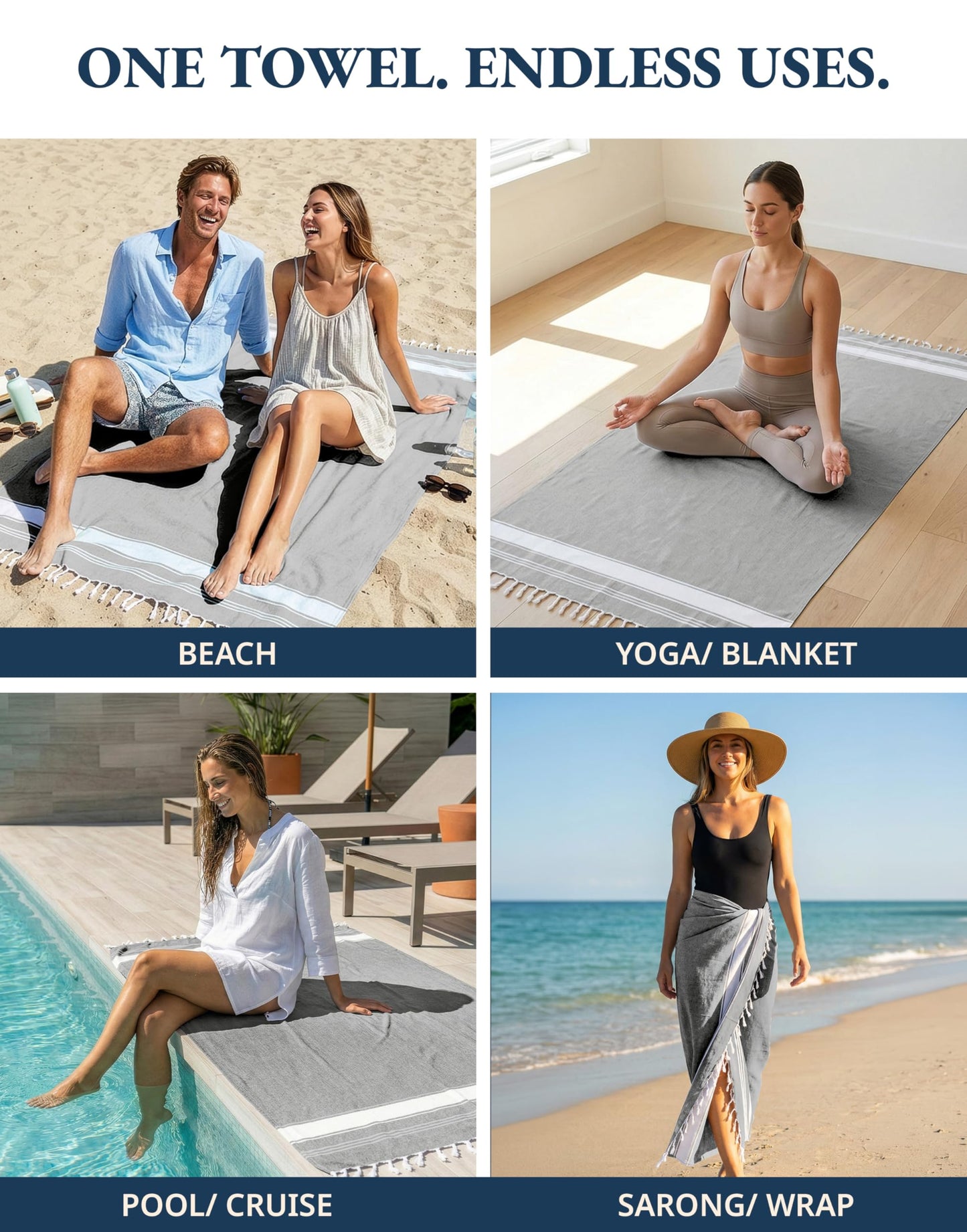 LANE LINEN Beach Towels 4 Pack Oversized - Turkish Towel Set, Pre-Washed Oversized Beach Towel, Quick Dry Beach Towels for Travel, Large Pool Towels, 39"x71" - Smoky Black