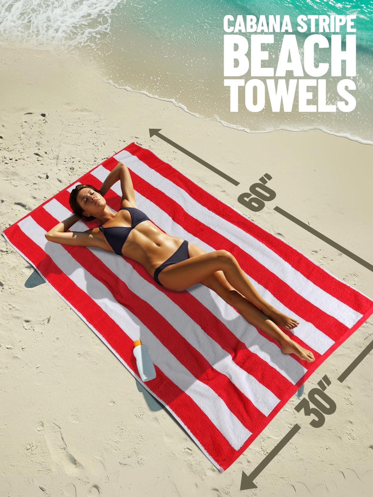 Utopia Towels Pack of 4 Cabana Beach Towels, Oversized 30 x 60 Inches Cotton Beach Towel Set, Smooth Ring Spun Texture for Pool and Swim Days, Modern Striped Design Bath Towels