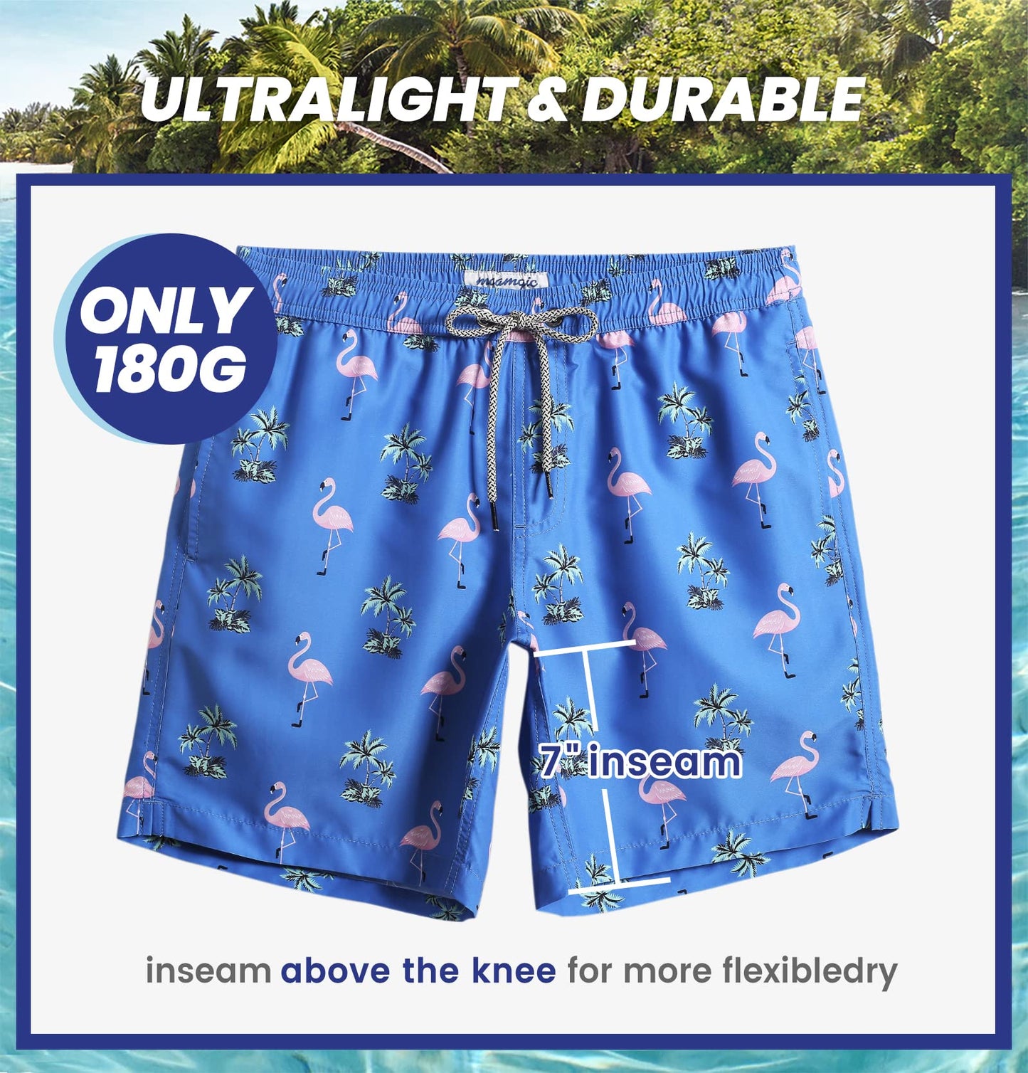 maamgic Mens Swim Trunks Quick Dry Swim Shorts with Mesh Lining Funny Swimwear Bathing Suits 7inch Flamingo N Tree Blue Small