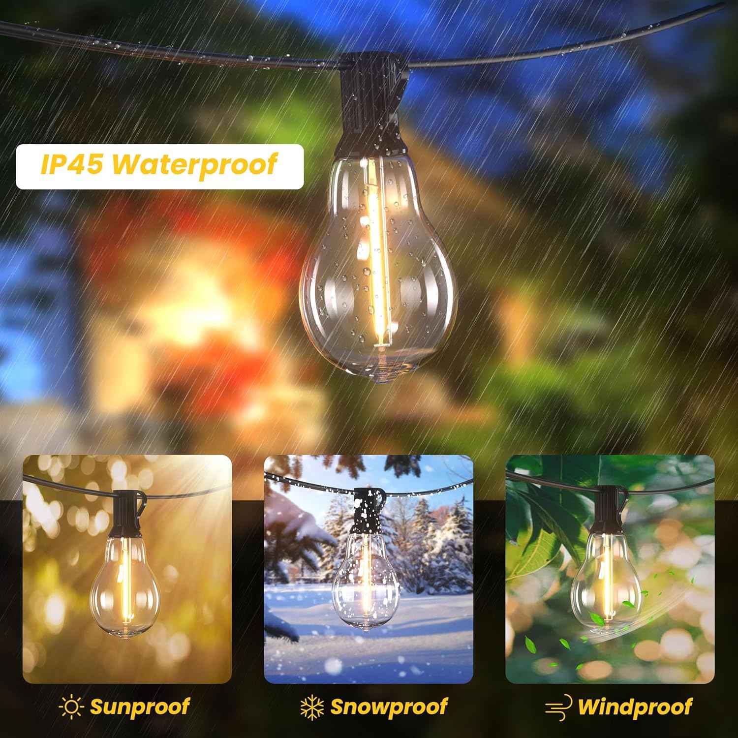 200FT Waterproof LED Outdoor String Lights with 100 Shatterproof Edison Bulbs - Dimmable Patio Decor for Backyard & Garden