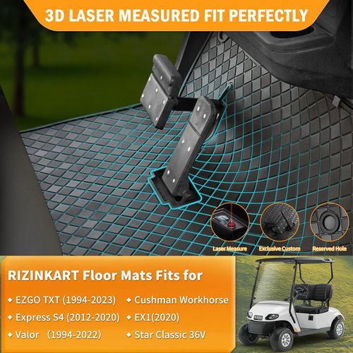 RIZINKART Golf Cart Floor Mat,Upgraded Non-Slip Full Coverage Liner Fits EZGO TXT (1994-2023), Express S4 (2012-2020), Valor, Workhorse Models - 1/3'' Thick Durable Rubber Mats Easy Clean Black Trim