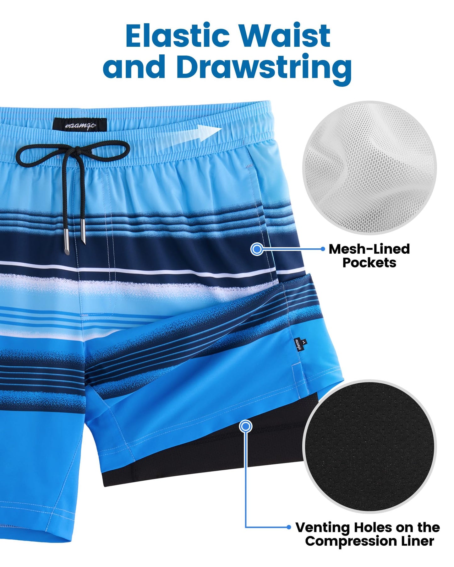 maamgic Mens Swim Trunks with Compression Liner 7 Inch Inseam Mens Bathing Suit Quick Dry Swimming Trunks Swimsuit Stripe Blue Black Large