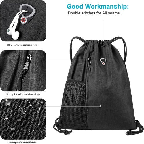 BeeGreen Black Drawstring Gym Bag - Large Sports Backpack with Water Bottle Pocket & Front Zippered Pocket