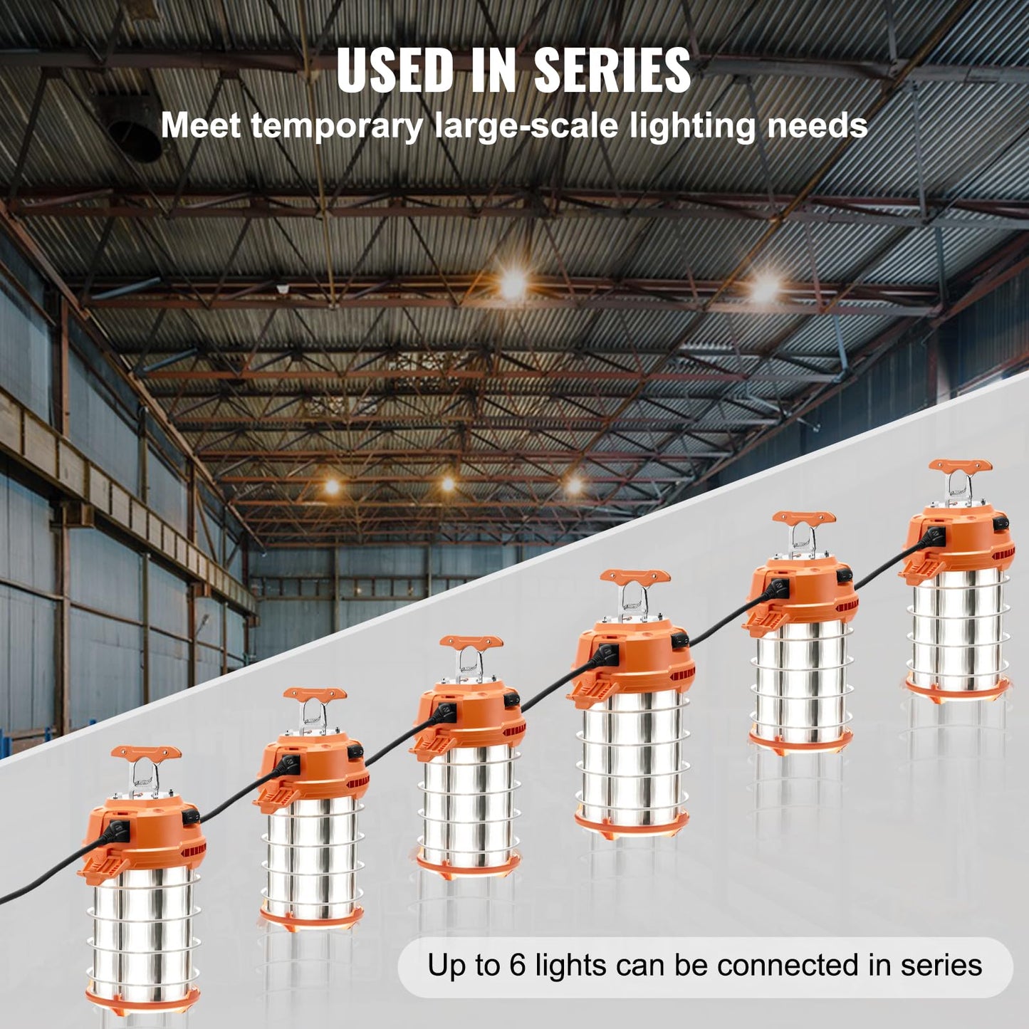 VEVOR LED Temporary Work Light, 150W 20000lm Construction Lights, 5000K Portable Super Bright & Waterproof & Connected Up to 6 lights, Hanging Job Site Lighting for Indoor and Outdoor Lighting