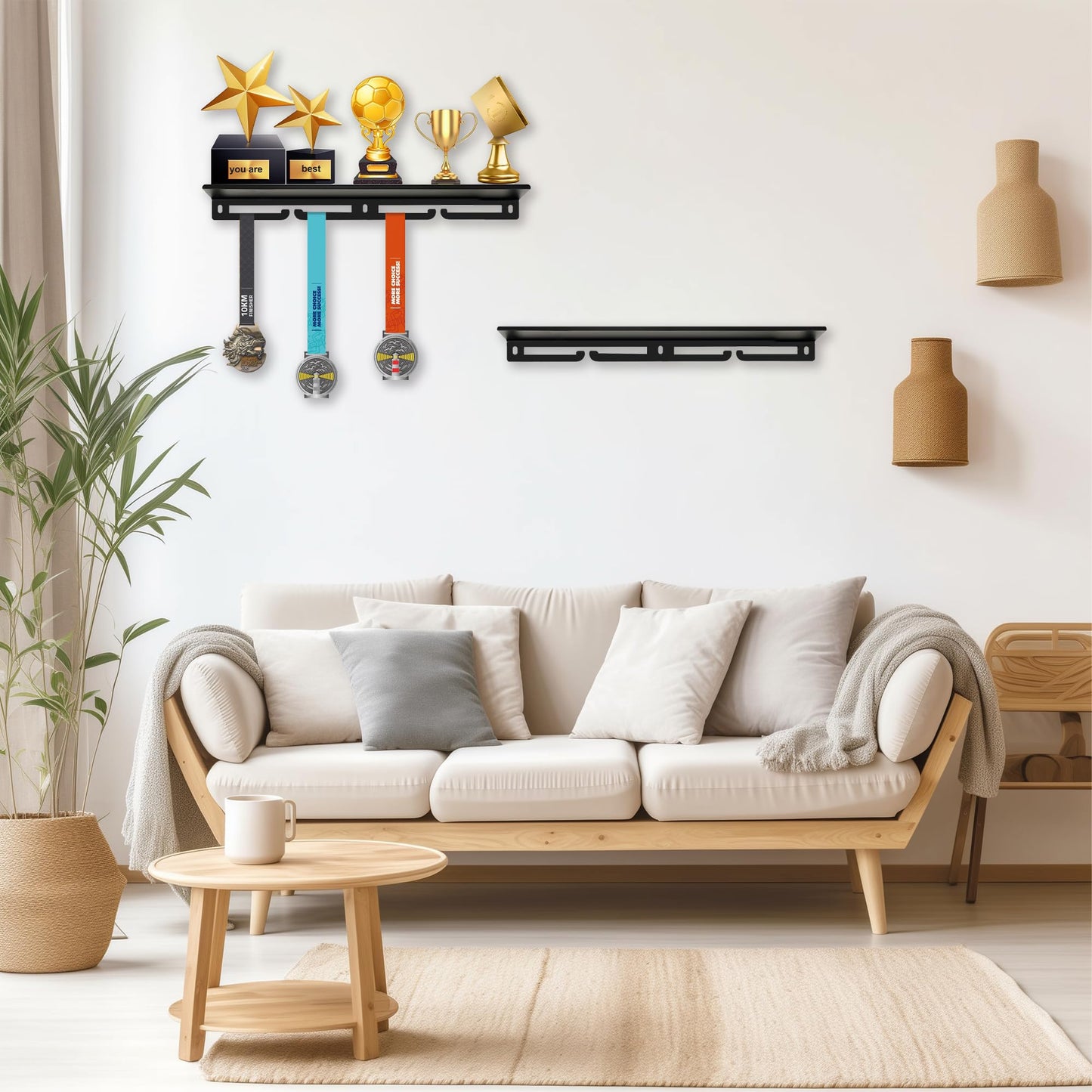 Medal Hanger Display with Trophy Shelf - Durable Metal Rack for Award Ribbon Hanger Holds Up to 16 Medals 5 Trophies - Ideal for Sports Fan and Daily Use Christmas Halloween and Birthday Gifts