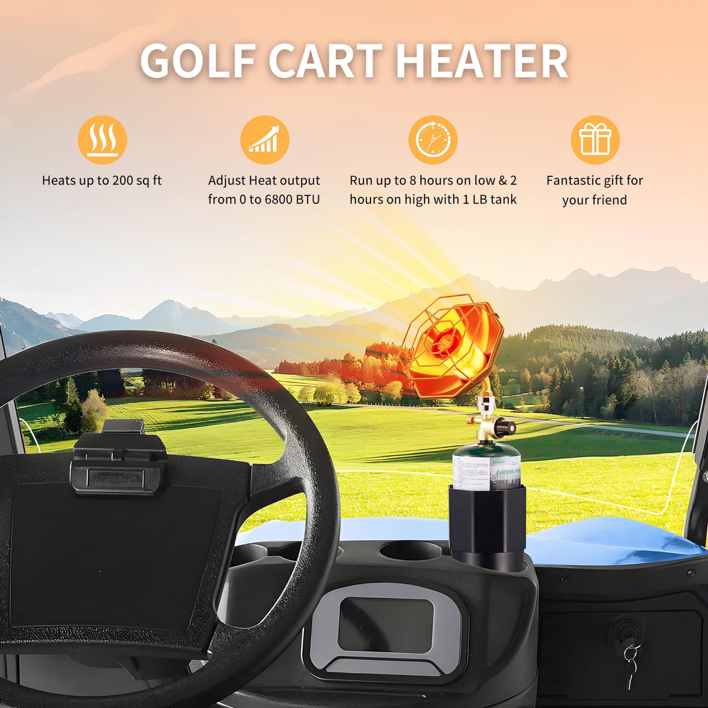 6800BTU Golf Cart Heater Propane Heater with Igniter, 2 in 1 with Golf Cart Cup Holder and Cylinder Base, for Tent,Finshing,Hiking