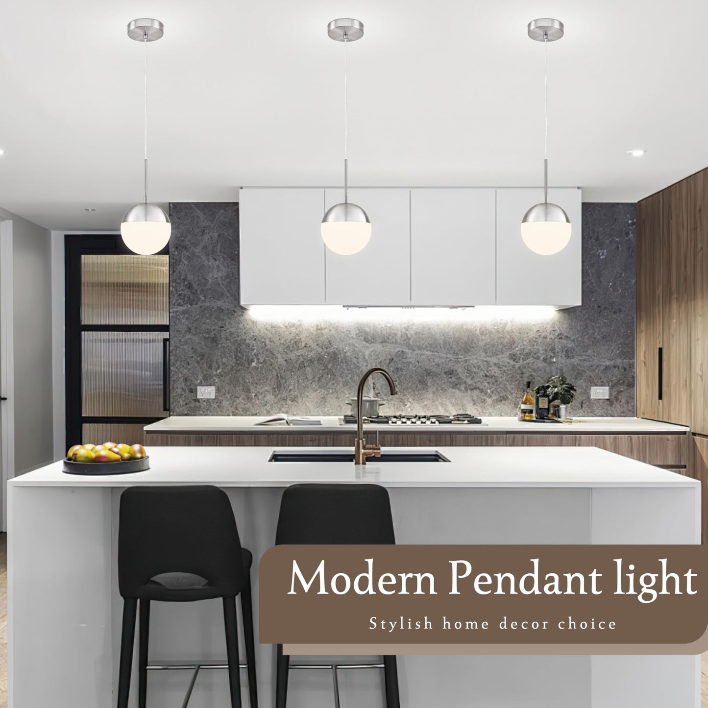 Mccokaige 6 Inch Nickel 2 Pack Mid Century Modern Pendant Light Pendants for Kitchen Island Frosted Milky White Glass Globe Height-Adjustable Modern Hanging Globe Pendant Light for Bedroom (Bulb Incl)