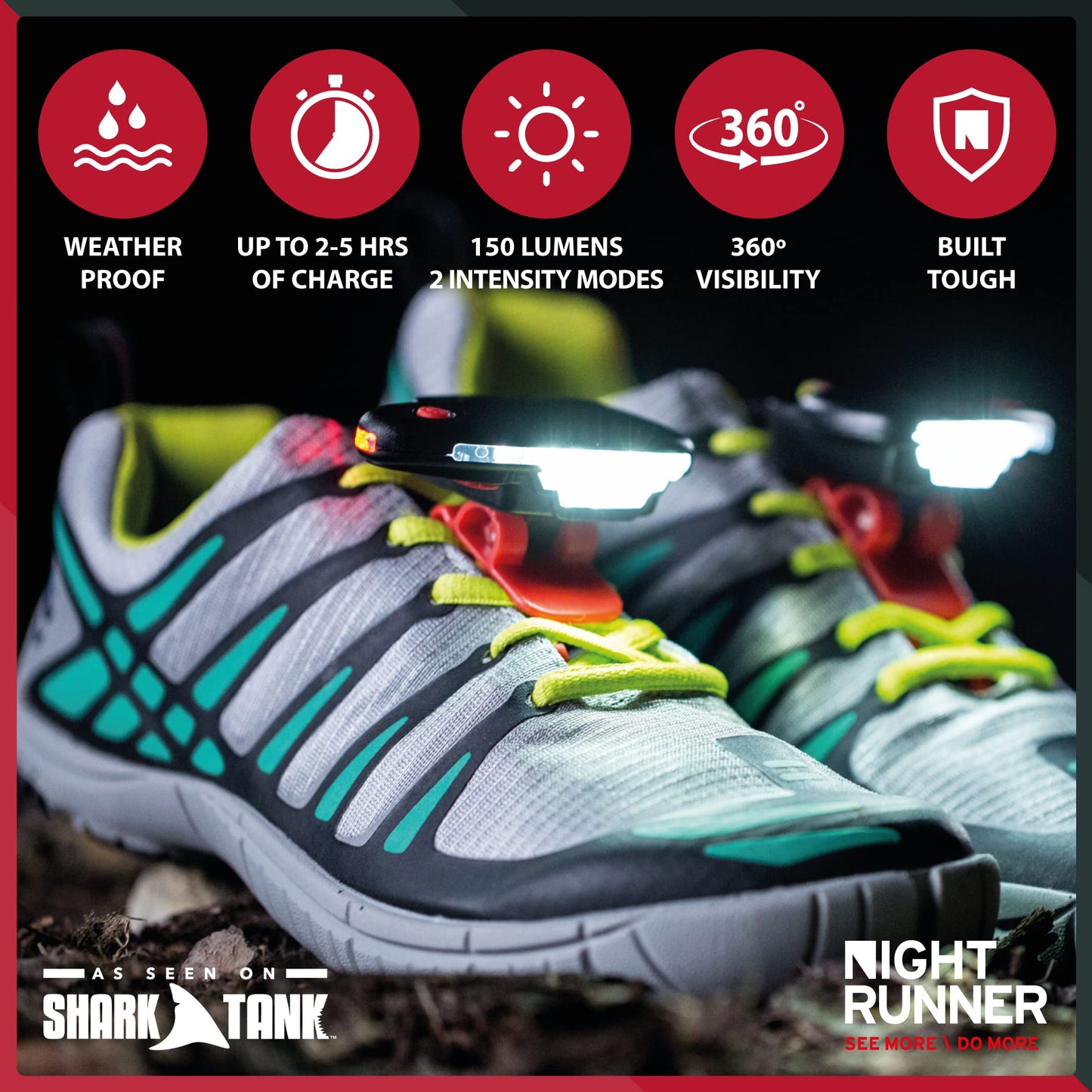 Night Runner 270 Night Tech Gear Running Shoe Lights – Hands-Free LED Lights for Runners, Trail Runners & Joggers – High Visibility Night Running Gear – Waterproof & Rechargeable – Red