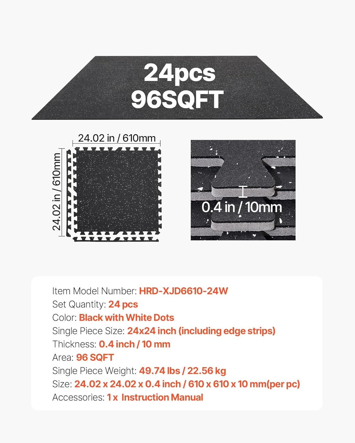 VEVOR Gym Flooring Tiles - High-Density EVA Foam, Interlocking 24 x 24In Mats, 96sq.ft, Black & White