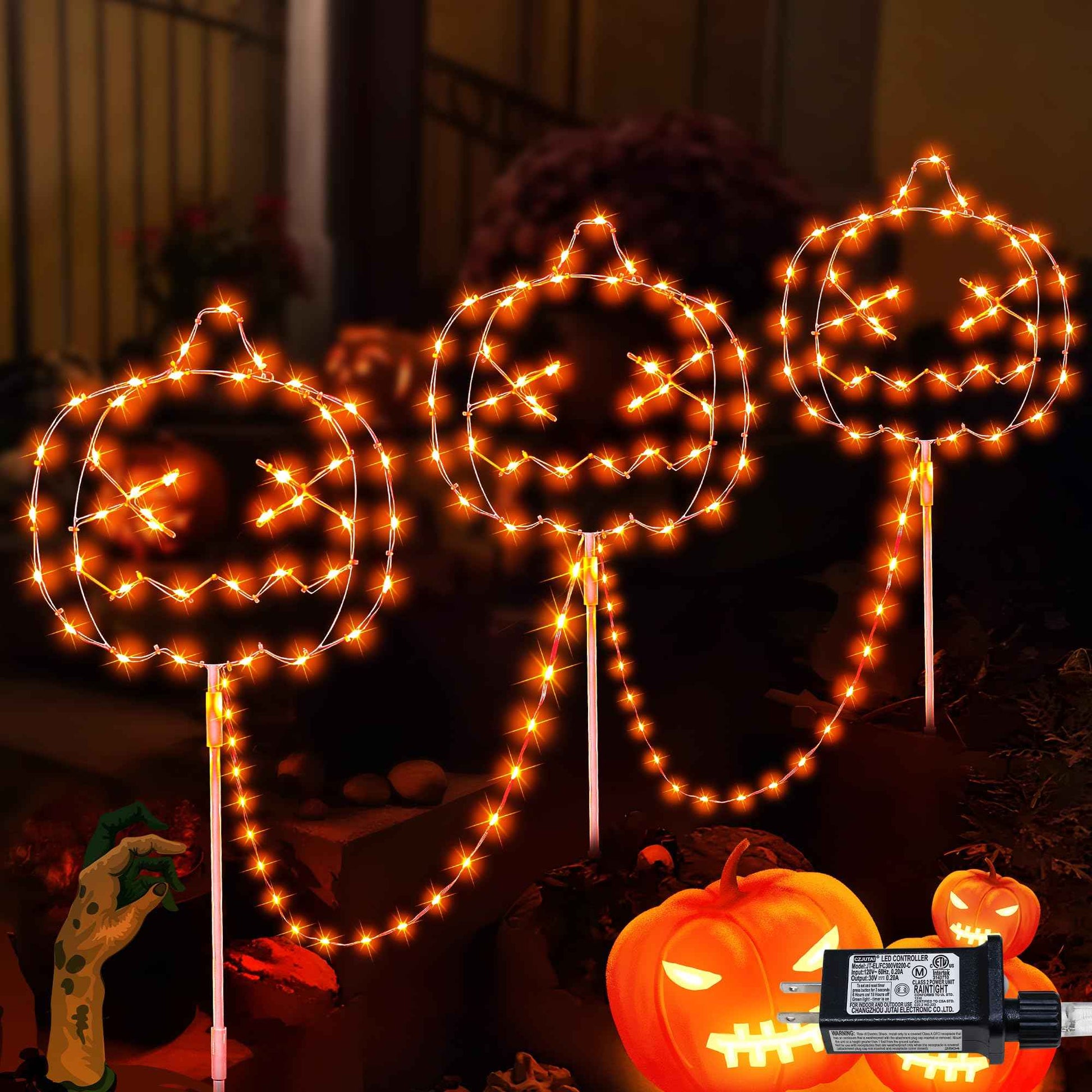 Woohaha Halloween Pumpkin Pathway Lights,163 LED Plug in Garden Outdoor Decorations，Waterproof String Lights with 3 Pumpkin Stakes Light for Garden Walkway Yard Driveway Lawn Party Decor（Orange）