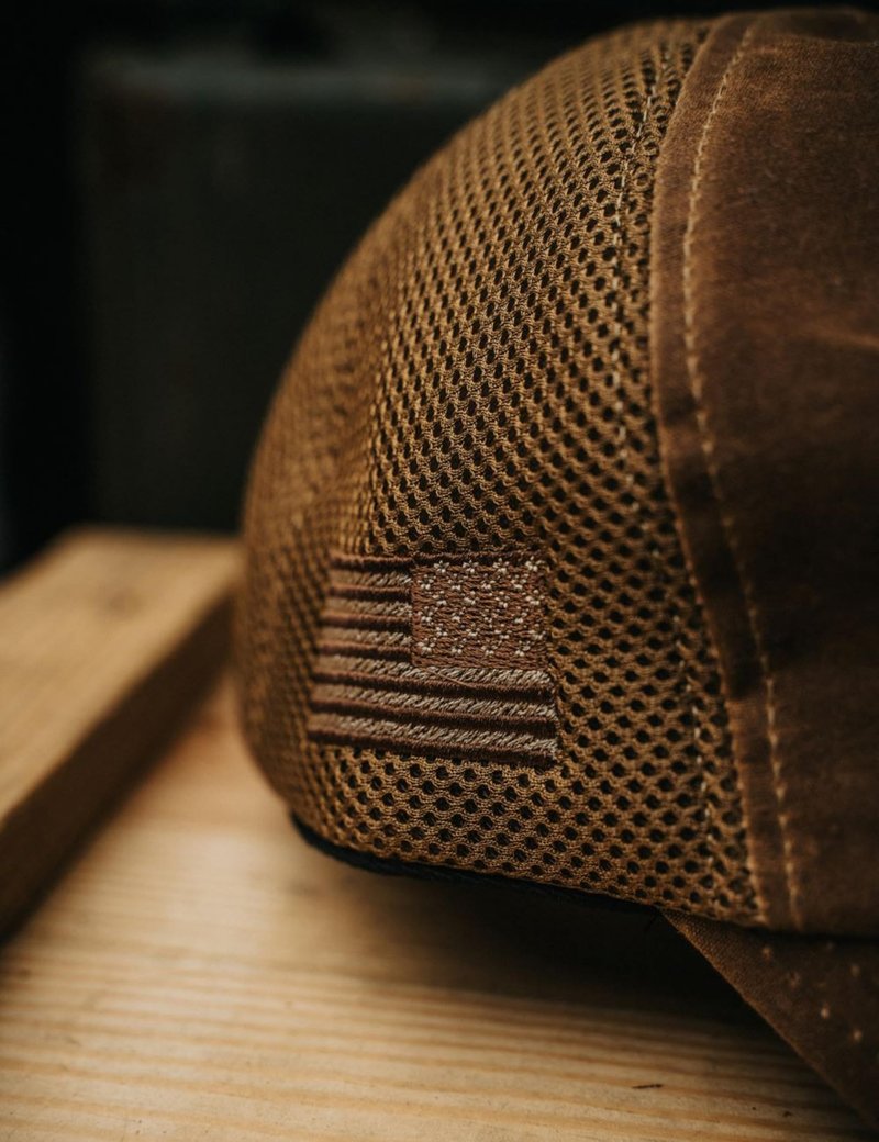 Nine Line Tan Mesh Back Hat with Dropline Logo, Adjustable Trucker Baseball Cap, Embroidered American Flag, Unisex Hat, USA Made