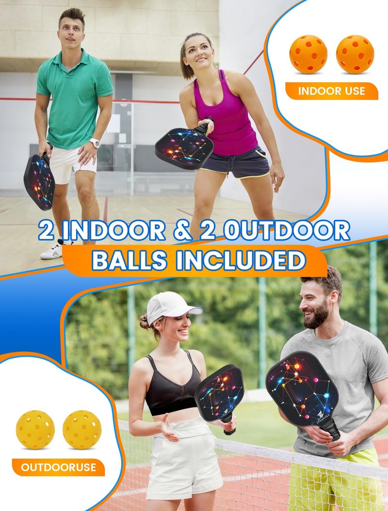 Pickleball Paddle Set of 2, Fiberglass Pickleball Rackets with Honeycomb Core, 4 Indoor/Outdoor Balls and Bag Included, Perfect for Beginners and Recreational Play