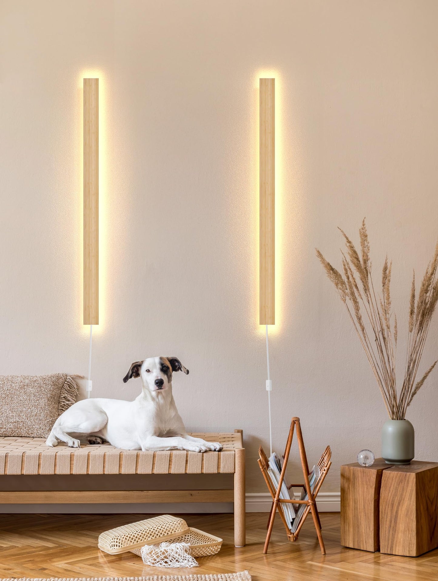 Modern Plug in Long Wall Sconce 45.2‘’ LED Bamboo Wall Lights 35W Long Strip Indoor Wall Lamp 3000K with 6.5FT Plug in Cord and On/Off Switch on The Cord for Living Room Hallway Stairwell