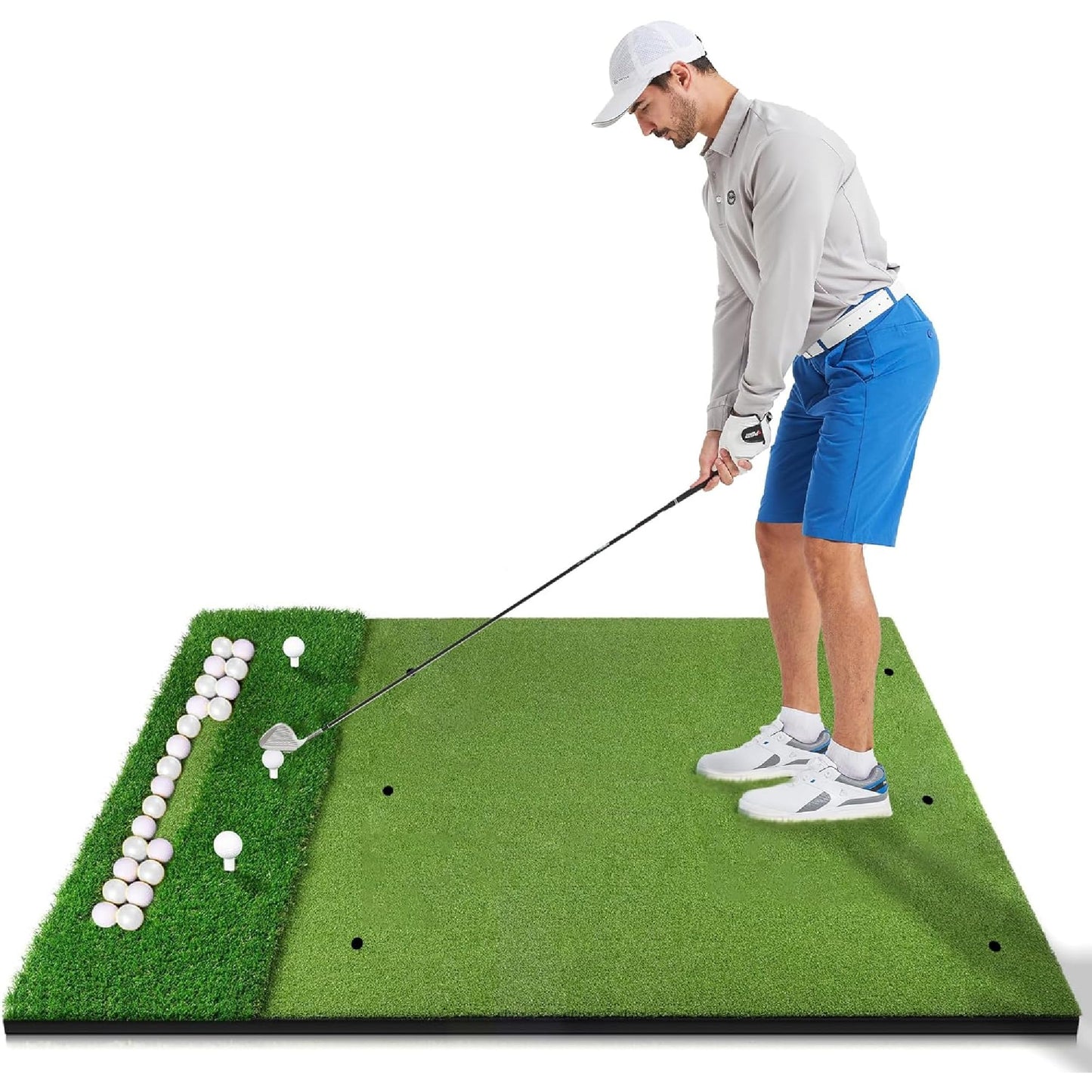 GSK Dual Turf Golf Hitting Mat 5x4FT with Ball Tray Holds 15-20 Balls Practice 45mm Thick Training Pad Driving Chipping Grass EVA Base Swing Rollable Portable Indoor Backyard Outdoor Simulator Use