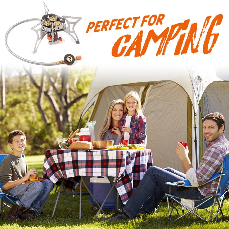 RIDEIWAKE 6800W Camping Stove with Fuel Canister Adapter, Portable Backpacking Gas Stove with Piezo Ignition, 1LB Propane Tank, Butane Adapter for Outdoor Cooking, Picnic, Camping and Hiking