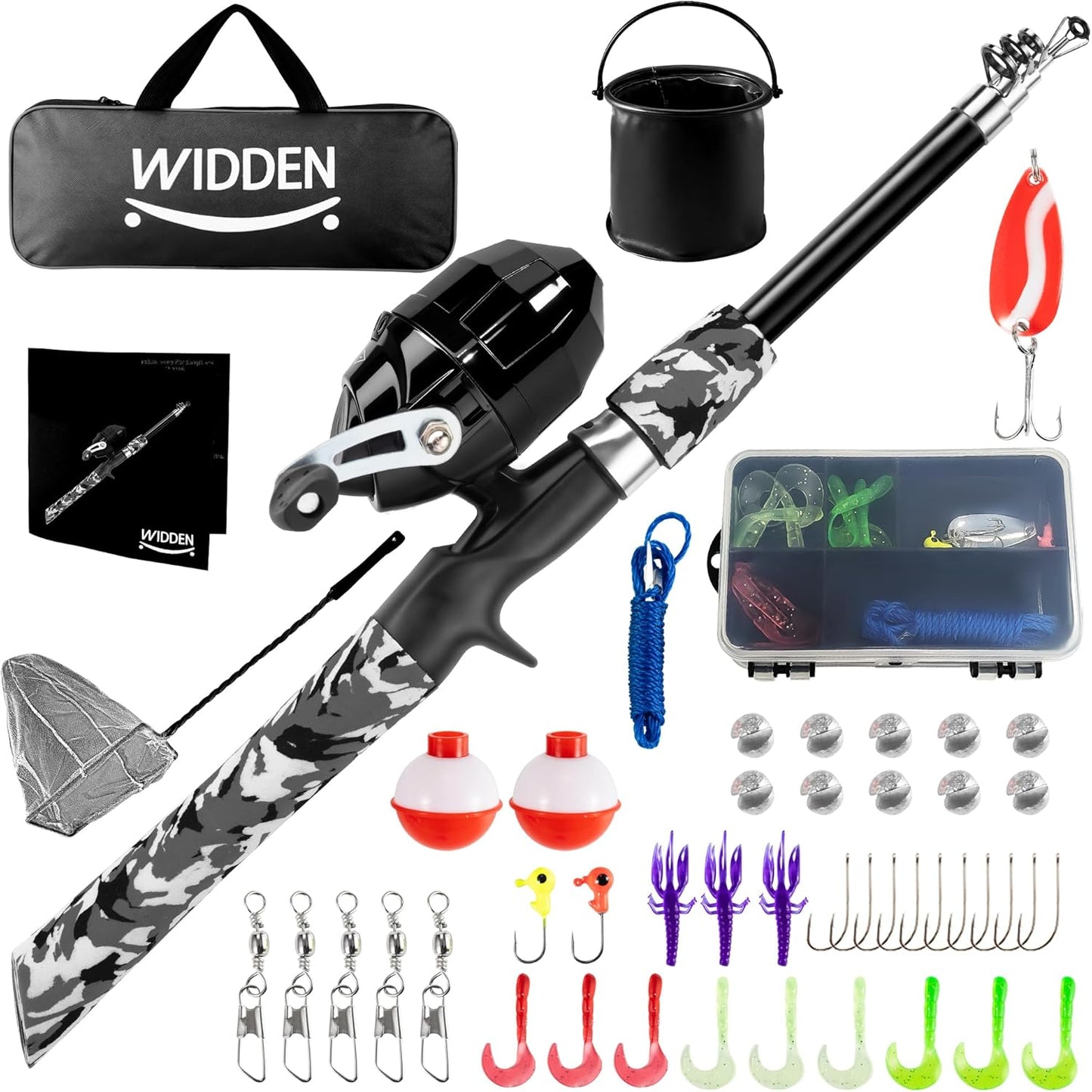 WIDDEN Kids Fishing Pole - Portable Telescopic Rod & Reel Combo Kit with Tackle Box & Net for Boys and Girls