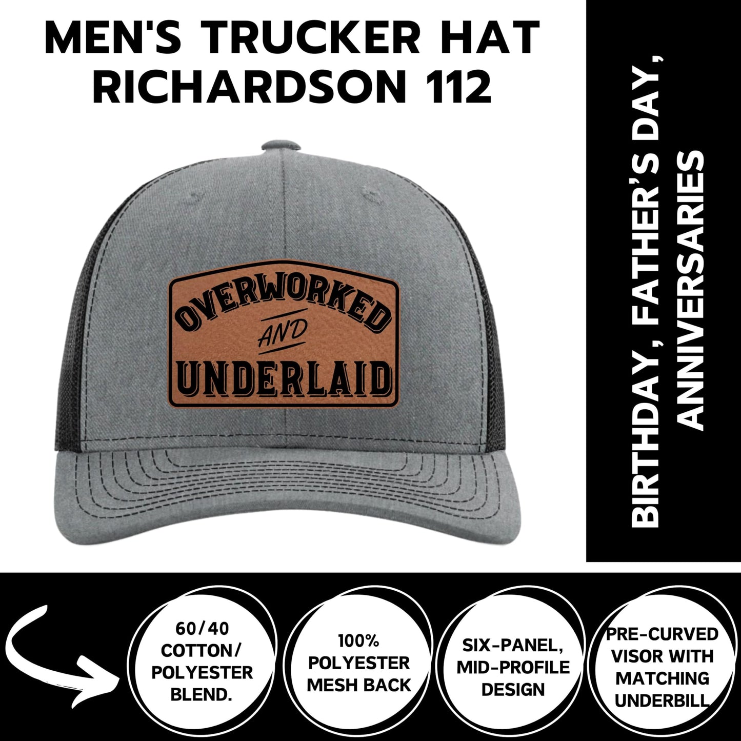 Yippee Daisy Overworked and Underlaid Hat - Funny Dad Hats for Men - Christmas, from Wife - Inappropriate Trucker Hat - Hat with Leather Patch - Blue Collar Hats - Grilling Gifts for Men