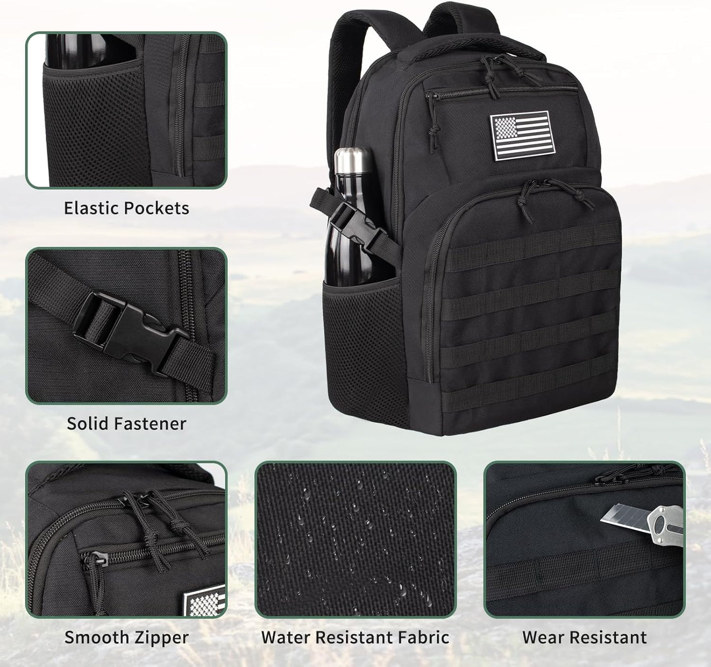 TBNBO Military Tactical Backpack - 25L Black Hiking Bag with Side Bottle Holders for Men