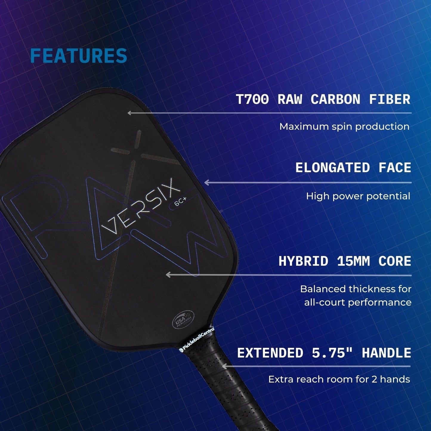 VERSIX RAW Carbon Fiber Pickleball Paddle, Extended 5.75" Handle, Carbon Fiber, 7.9oz (Midweight), 15mm Core…